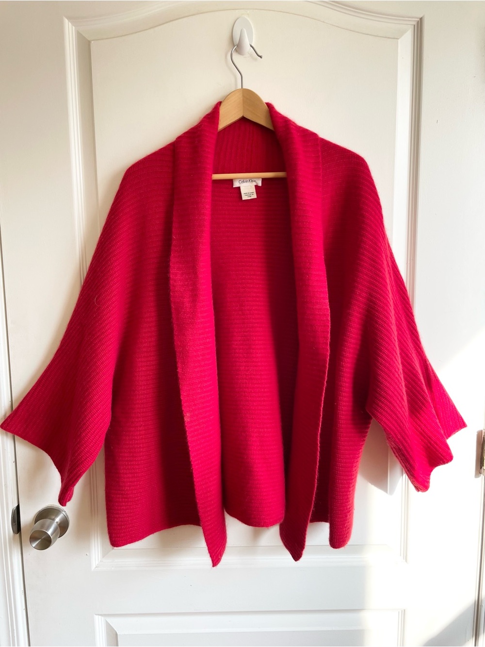 Womens Boxy Drapey Dolman Sleeve 100% Cashmere Cardigan Size L Red Calvin Klein